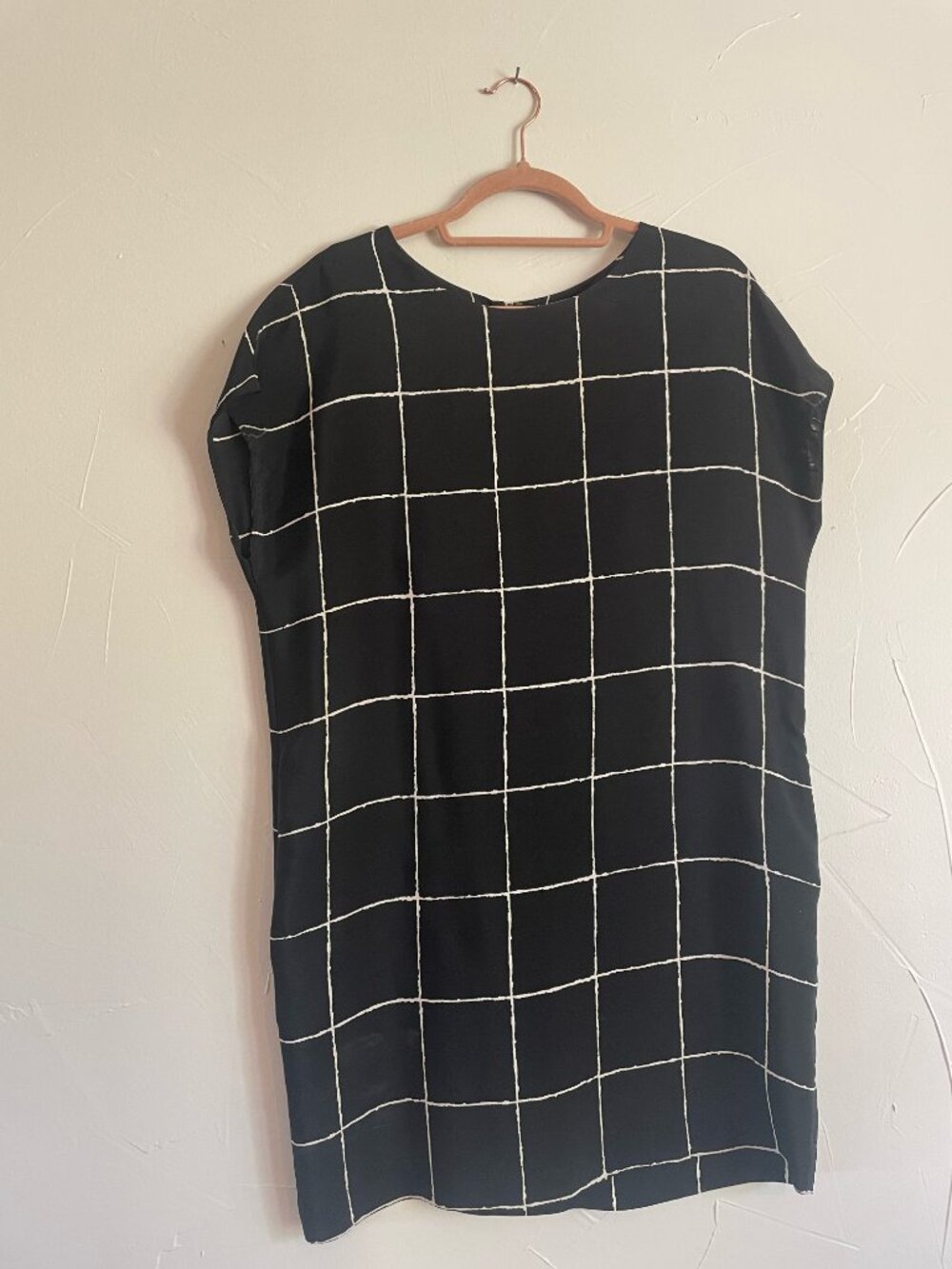 Vince Black Silk Shift Dress Windowpane Print (100% Silk)